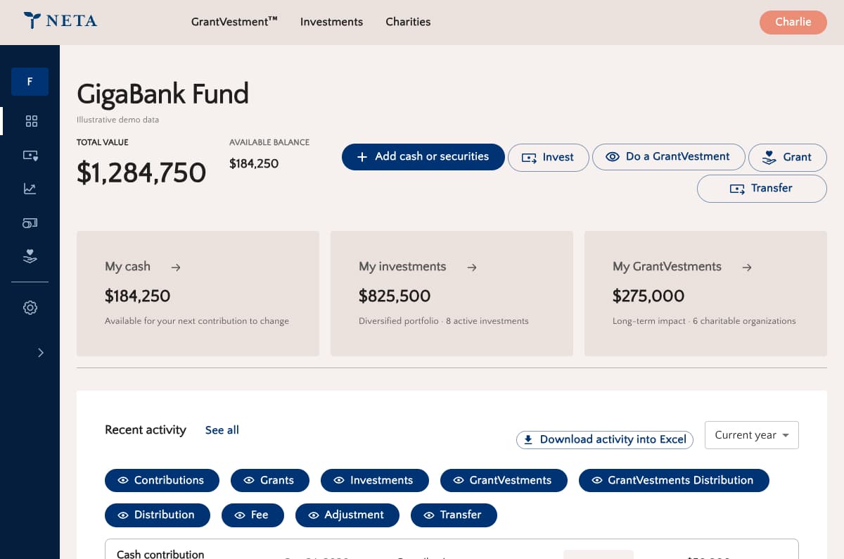 Neta donor-advised fund dashboard showing balances and account actions