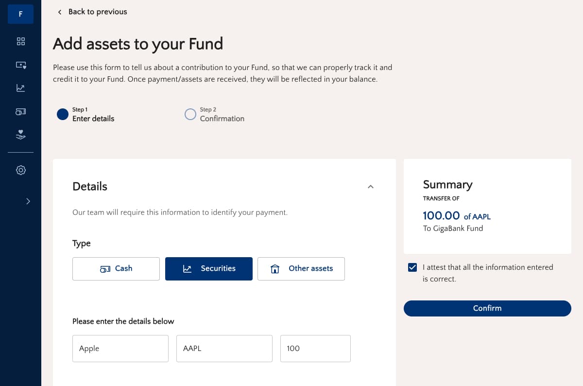 Neta workflow for contributing securities to a donor-advised fund