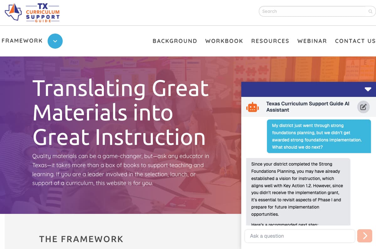 Texas Curriculum Support Guide Chatbot Screenshot