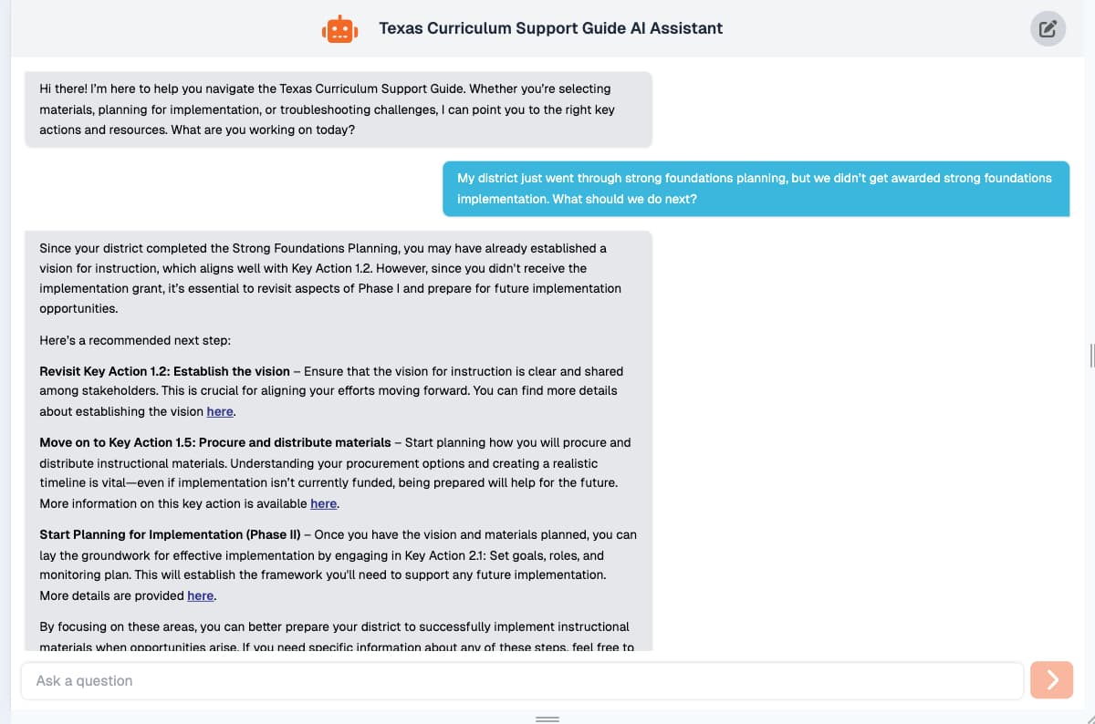Texas Curriculum Support Guide Chatbot Screenshot